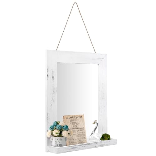 QDSSDECO 16" x 20" Farmhouse Wall Mirror with Shelf and Hemp Rope, White - color: White With Hemp Rope