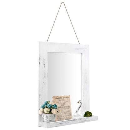 QDSSDECO 16" x 20" Farmhouse Wall Mirror with Shelf and Hemp Rope, White - color: White With Hemp Rope