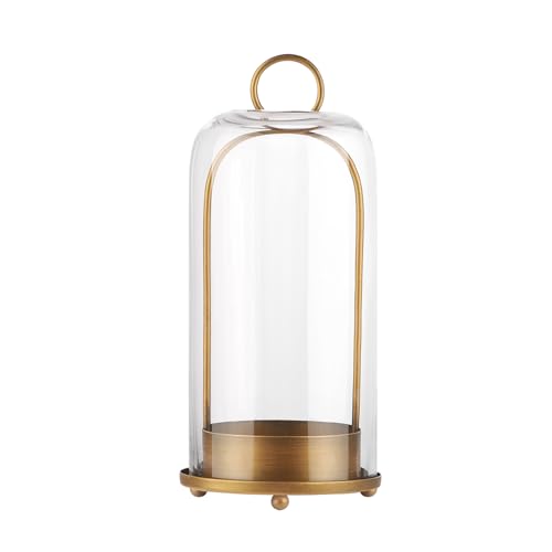 12" High Versatile Modern Metal Hurricane Lantern with Handmade Sturdy Glass Dome in Antique Brass for Pillar Candle & Plants, Industrial, Farmhouse, Shabby Chic (Brass, 5"x12") - color: Brass, size: 5"x12"