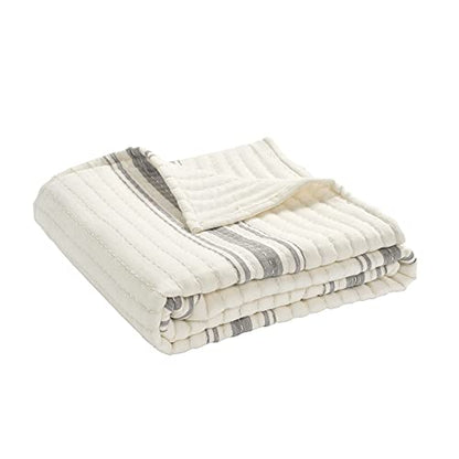 Lush Decor Farmhouse Stripe Kantha Pick Stich Yarn Dyed Cotton Woven Throw Reversible Ticking Pinstripe Design Blanket, 50" x 60", Gray - color: Gray