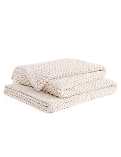 YnM Chunky Cotton Knit Throw Blanket, Cable Knit Throws for Bed Couch Sofa, Comfy & Relaxing, Decorative Piece for Farmhouse Modern Boho Rustic Scandinavian Chic Vibe, Cream White 50x60 Inches - color: Cream White - Medium Weight, size: Throw