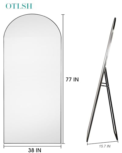 Otlsh Arched Floor Mirror, 77"38" Full Length Mirror with Stand, Freestanding, Aluminum Frame - Black - color: Black, size: 77"L x 38"W