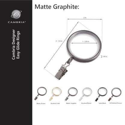 Cambria Designer 2" Matte Graphite Quiet Glide Curtain Rings 18 Pack - color: Matte Graphite, size: Large 2 in