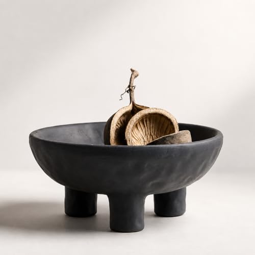 Black Concrete Decorative Bowl, 12 Inch Large Footed Bowl for Home Decor, Heavyweight Pedestal Bowl, Matte Black Centerpiece Bowl for Coffee Table, Shelf, Console, Entryway, Outdoor Styling