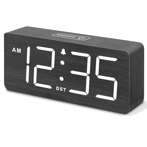 DreamSky Wooden Digital Alarm Clock for Bedroom with Large Numbers | Desk Clock for Living Room Office, Loud Alarm for Heavy Sleepers Adults, Volume Control, Dimmer, DST, Wood Decor (Plug-in) - color: Black (Plug-in)