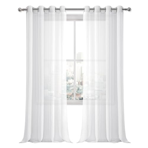 DWCN White Sheer Curtains Linen Look Grommet Long Curtain for Bedroom Voile Sheer Drapes Set of 2 Panels, 52 x 108 Inch Length - color: White, size: 52"W x 108"L (Pack of 2)