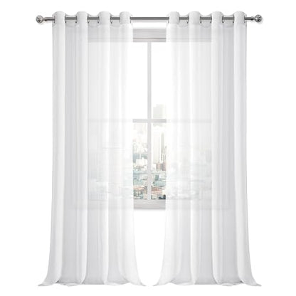 DWCN White Sheer Curtains Linen Look Grommet Long Curtain for Bedroom Voile Sheer Drapes Set of 2 Panels, 52 x 95 Inch Length - color: White, size: 52"W x 95"L (Pack of 2)