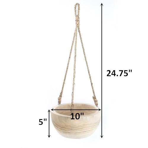 CYS EXCEL Large Wooden Hanging Planter Paulownia Wood Bowl Basket with Jute Rope for Indoor Plants Succulents - size: 10"