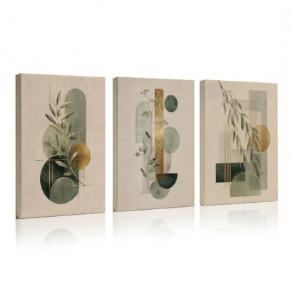 CUQQI Neutral Abstract Wall Art Set, Green Gold Canvas Prints 12x16In - color: Fern lines, size: 16" H x 12" W x 3Pcs