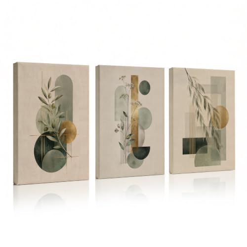 CUQQI Neutral Abstract Wall Art Set, Green Gold Canvas Prints 12x16In - color: Fern lines, size: 16" H x 12" W x 3Pcs