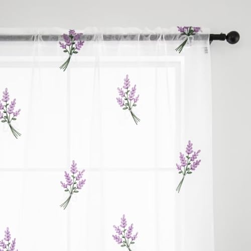 Floral Sheer Curtains Embroidered Lavender Patterned Semi-Sheer Curtain 84 Inches Long 2 Panels Rod Pocket Spring Voile Drapes for Living Room, Bedroom(W52 x L84 Inch, White&Purple) - color: Purple, size: 52"W x 84"L (Pack of 2)