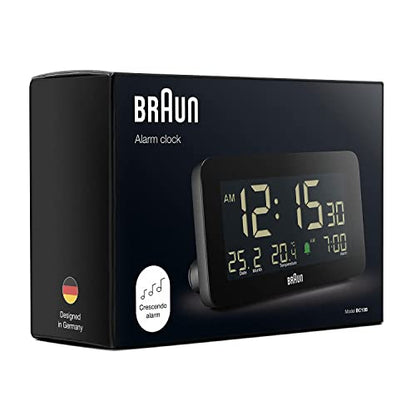 Braun Digital Alarm Clock with Date, Month and Temperature Displayed, Negative LCD Display, Quick Set, Crescendo Beep Alarm in Black, Model BC10B (1-Pack) - color: Black