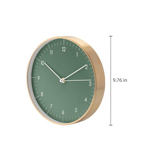 LUUK LIFESTYLE Modern Silent Quartz Wall Clock, 10in, Dark Green & Gold | Designed in Germany, Simple & Elegant, Non-ticking, Analog, Battery operated, Housewarming gift, for Living room, Bedroom - color: Dark Green, 10"