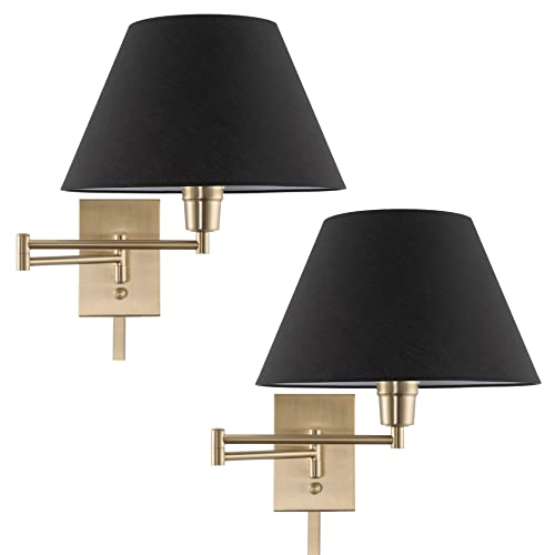 Kira Home Cambridge 15" Modern Swing Arm Wall Sconce + 3-Way Switch, 2-Pack - color: Cool Brass,Black Shade,2-Pack