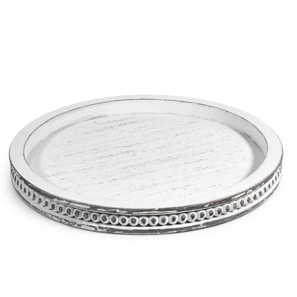 Farmhouse Round Wooden Beaded Tray 12" White Washed Wooden Decorative Tray Round Rustic Wood Decorative Coffee Table Trays for Home Living Room Kitchen Counter