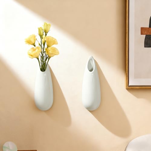 White Ceramic Wall Vases, Set of 2, 7.9 Inch, Teardrop Design - color: 2pcs-medium