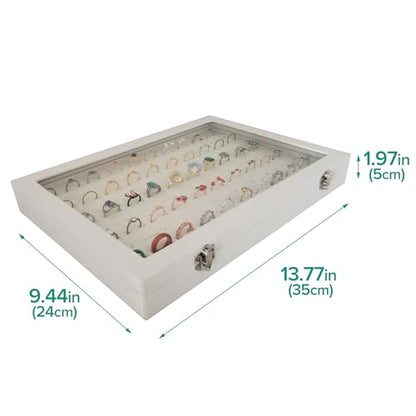 100-Slot Ring Organizer Box with Dust-Proof Transparent Glass Lid - color: Beige-100 rings