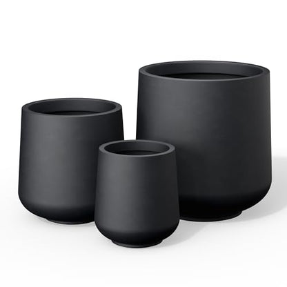 Kante Round Concrete Planter Set of 3-9.4"/13"/16.5" Dia Barrel-Style Garden Pots with Drainage Hole for Flowers and Trees (7.1"/10.2"/13.8" Opening), Black - color: Black, size: 16.5"+13"+9.4" D