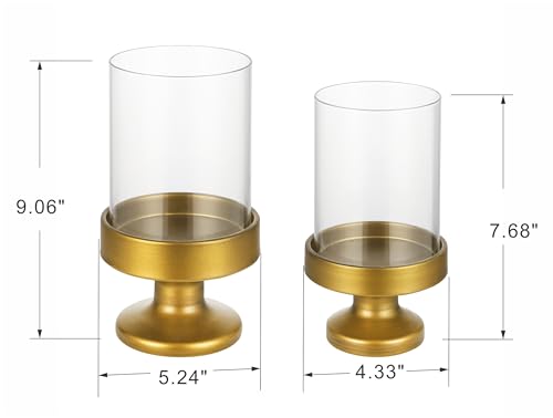 Set of 2 Glass Hurricane Candle Holders for Pillars with Metal Base in Antique Brass, Glass Candle Holder, Centerpiece, for Weddings, Dinner Parties, Dining Tables, Console Tables, Mantels - color: Antique Brass, size: Set of 2 Riser