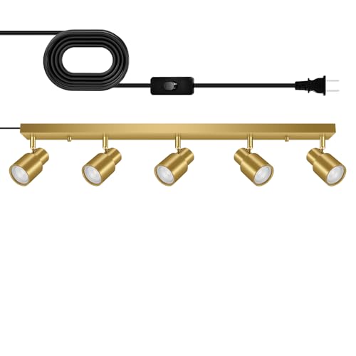 Track Lighting Plug in, 30" LED Track Light Fixtures Ceiling, Gold 5 Way Spotlight, Rotatable Head, Plug Wall Lights with 14.8FT Cord, Ceiling Lighting for Kitchen Hallway Bar(GU10, NO Bulb) - color: Gold, size: 30" 5-Light Track Lighting