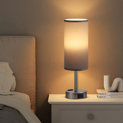 Fenmzee Grey Bedside Lamp for Bedroom, Dimmable Touch, USB A+C, AC Outlet - color: Grey - Grey, size: 14"