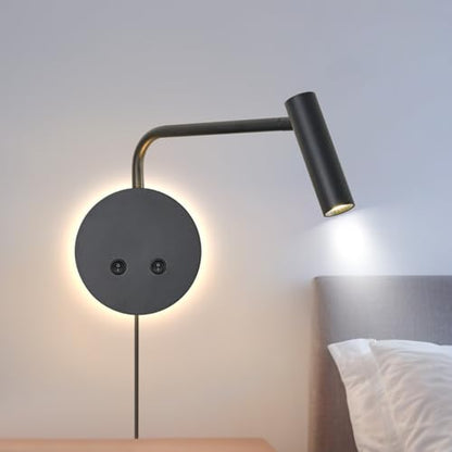 Matte Black Wall Mounted Reading Light, 3000K Flexible Headboard Reading Sconces with On Off Switch Control, Plug in/Hardwired Wall Light Fixtures with Night Light for Bedside Bedroom Bunk - color: Black-1Pack