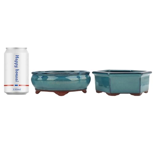 Bonsai Planter 5.7" 6" Small Succulent Glazed Pots Set of 2 + 6 Soft Mesh Drainage Screens - style: Style A&B