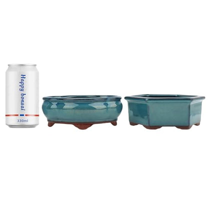 Bonsai Planter 5.7" 6" Small Succulent Glazed Pots Set of 2 + 6 Soft Mesh Drainage Screens - style: Style A&B