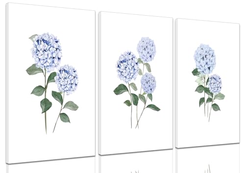 Hydrangea Wall Art Set of 3, Blue Floral Canvas Posters Print Picture, Blue Watercolor Botanical Wall Decor, Modern Minimalist Botanical Room Decor, for Living Bedroom Gallery Decor 16x24in Framed - color: Blue Hydrangea Framed, size: 16x24 in