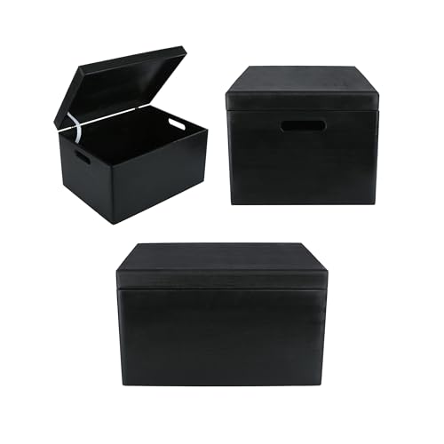 Creative Deco Large Black Wooden Box Storage with Hinged Lid - color: Black, size: XXL | Handles