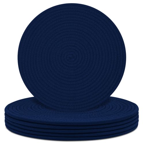 Round Placemats Set of 6, Cotton Rope Woven Table Mats, Hot Pads for Kitchen, Non Slip Heat Resistant Place Mats, 13 Inches Braided Placemat for Farmhouse Decor and Kitchen Table Decor (Navy Blue) - color: Navy Blue