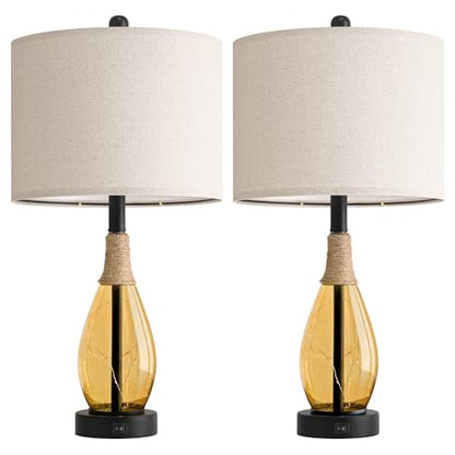 OYEARS 23" Table Lamps for Living Room Set of 2 Bedside Lamps for Night Stands Bedroom Lamps Farmhouse Rattan Boho Lamp Glass Nightlight End Table Lamp,Two Light Points - color: Tea Brown