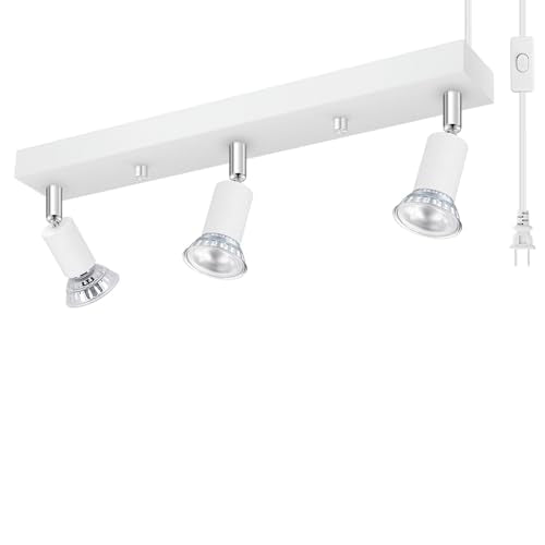 Plug in Track Lighting Kit 3 Light, White Track Light Fixture with Switch and Cord, Adjustable Spotlight Track Head for Kitchen Closet Gallery Wall Wash, Modern Linear Ceiling Light Bar,15ft Cord - color: White-3 Light