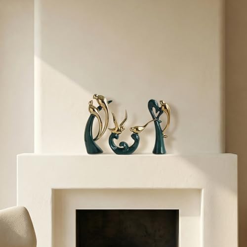 Ceramic Statues Set of 3, Birds and Base Sculpture Modern Home Decor - color: Green and Gold