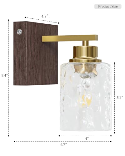 Hammered Glass Battery Operated Wall Sconces Set of Two Gold & Walnut | Dimmable Rechargeable Wall Lights with Remote Timer, Easy Install Lamp for Living Room Bedroom, Emergency 3000K - color: Gold Walnut(Clear Hammered Lampshades)