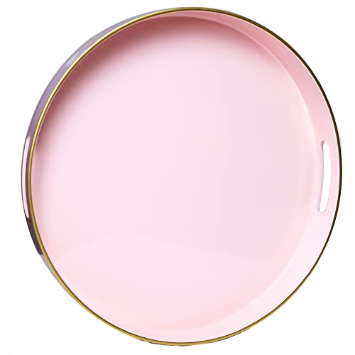 Spsyrine Round Pink Decorative Tray, 13" Plastic Serving Table Tray with Handles for Breakfast, Ottoman, Coffee Table, Bathroom, Kitchen, Living Room - color: Pink