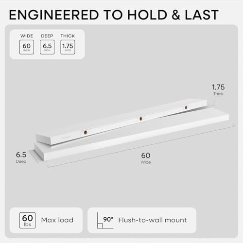 Homeforia 60 Inch Floating Shelves, High-End Solid Pine Wood, Set of 2 - color: Classic White - Soft Neutral Satin, size: 60 inch