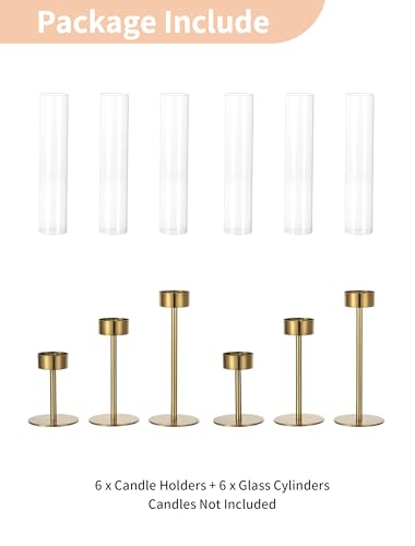 NUPTIO Hurricane Candle Holder for Centerpiece, Set of 6 Candlestick Holder - color: Brass - Clear, size: 6pcs