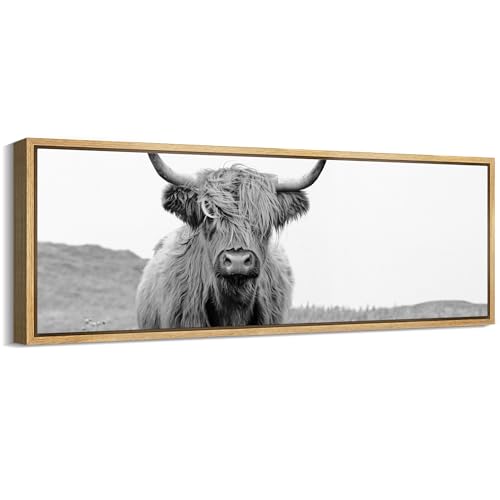 MUDECOR Large Framed Canvas Print Wall Art Highland Cow Black and White Animal Portrait Antique Retro Fine Art Illustrations Decorative Colorful Multicolor for Bedroom - 60"x20" - color: A01-2401-irs41, size: 60"L x 20"W