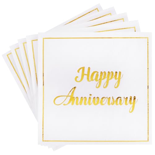 Vuzvuv 50 Pack Gold Foil Happy Anniversary Decorations Cocktail Napkins - Wedding Dating Anniversaries Party Dinner Hand Napkin for Party Supplies Decorations Table Decor (5" Folded 2 Ply) - color: Anniversary Gold