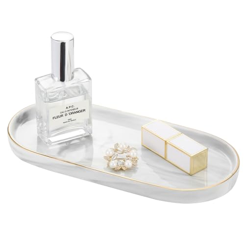 Luxspire 9.8" Bathroom Vanity Tray Marble Ceramic Dresser Jewelry Dish - color: Marble White+gold, style: Small