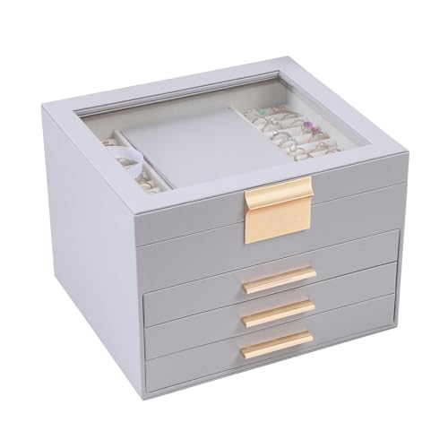 BOOVO Clear Lid Jewelry Box,3 Layers Jewelry Organizer Large Jewelry Storage Box with 2 Drawers,Jewelry Holder Organzier of Rings Earrings Necklace Bracelets for Women (Grey, 4 Layer) - color: Grey, size: 4 Layer