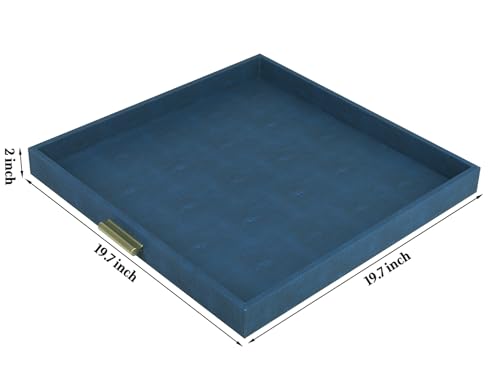 HofferRuffer Elegant Decorative Serving Tray, 20"x20" Square Faux Leather Ottoman Tray with Gold Hardware Handles, Coffee Table Serve Tea, Coffee or Breakfast (Navy Blue) - color: Navy Blue Shagreen, size: 20" x 20" x 2"