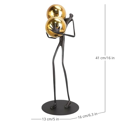 Modern Abstract Cast Iron Sculpture with Golden Spheres – 16.2 in Tall Handmade Minimalist Figurine Art for Home Office Decor, Industrial Desktop Ornament Gift (Black) - style: Holding the ball man