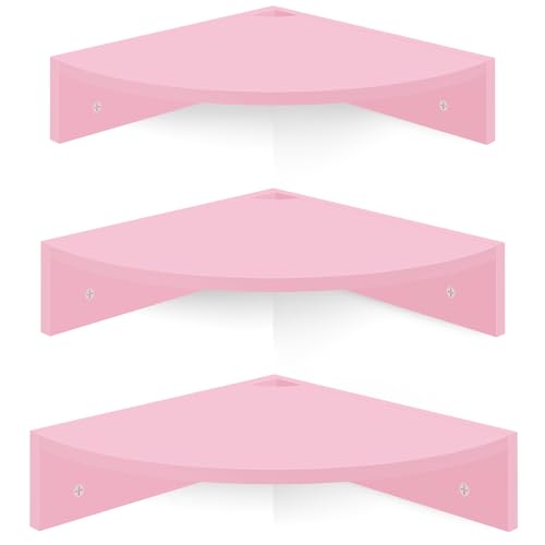 Homode Corner Shelf Wall Mount, Set of 3 Corner Floating Shelves with Cable Hole, 3 Tier Wood Corner Hanging Shelves, Living Room Bedroom Bathroom, Pink - color: Pink