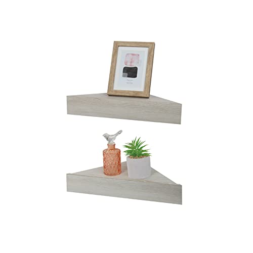 Kiera Grace Rustic & Farmhouse Triangle Floating Shelf, Modern Corner Wall Mounted Shelf for Home, Office, 11.8" x 11.8”, Weathered White, 2Pack