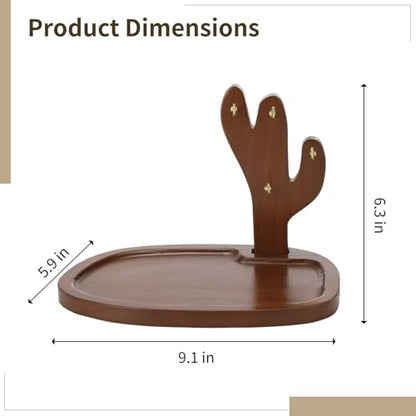 Key Tray for Entryway Table, Acacia Wooden Key Holder Stand with 4 Hooks and Storage Tray, Cactus-Shaped Organizer, Decorative Catchall for Glasses, Watch, Perfume, Jewelry