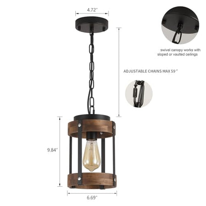 2 Pack Rustic Farmhouse Wood Pendant Light Fixture One-Light Adjustable Chain Oak Wood and Metal Drum Cage Small Pendant Lighting for Kitchen Island Sink Hallway Farmhouse Bathroom Bar, Black - size: Small pendant light 2 pack