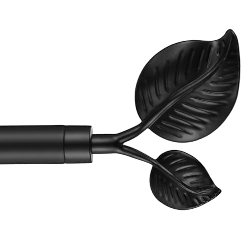 Decorative Curtain Rod with Leaf Finials, 1Inch Diameter 110-160 Inch Adjustable Length Single Drapery Window Rods Telescoping Structure, Matte Black - color: Matte Black, size: 110-160"