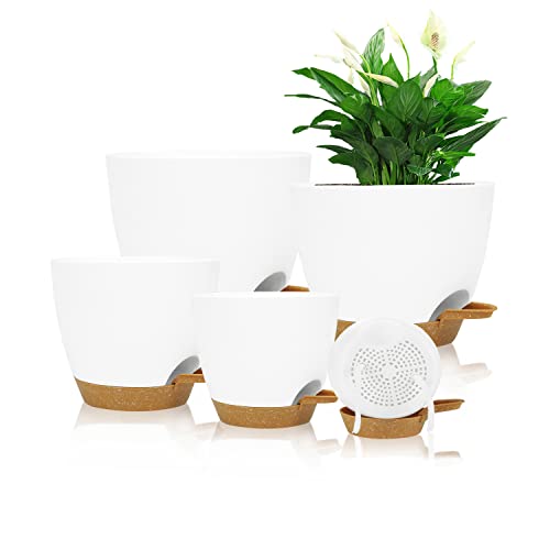 Self Watering Planters with Drainage Holes Reservoir,Nursery Planting Pot for Indoor Decor Garden Plants Succulents,Snake Plant, African Violet,Plastic Flower Pots Set 7+6.5+6+5.5+5 Inch (White) - color: White